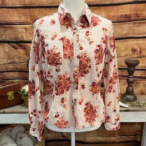 Liz Claiborne Womens Corduroy Pink Floral Long Sleeve Button Down Top Size M